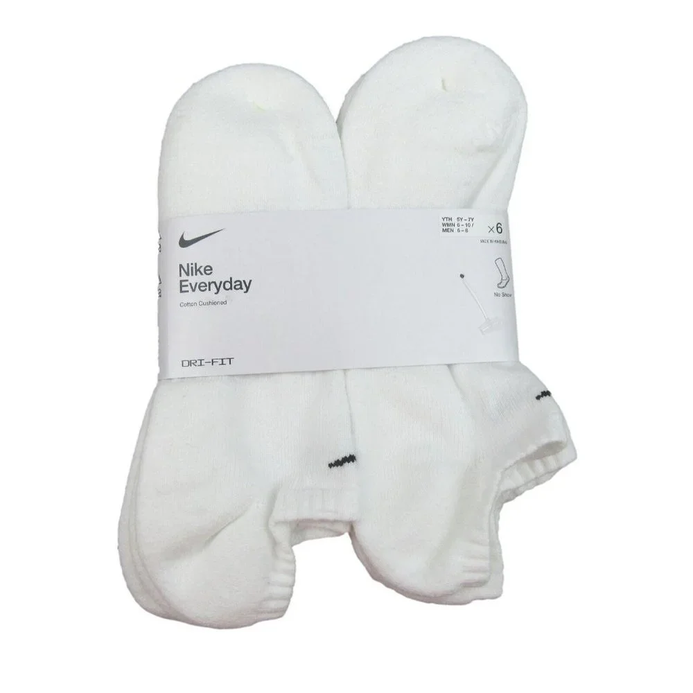 Nike Everyday No Show Socks White 6 Pack Women's 6-10 / Youth 5Y-7Y NEW